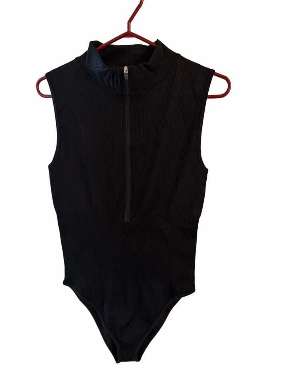 QQQ Black Ribbed Zip-Up Mock Neck Sleeveless Bodysuit